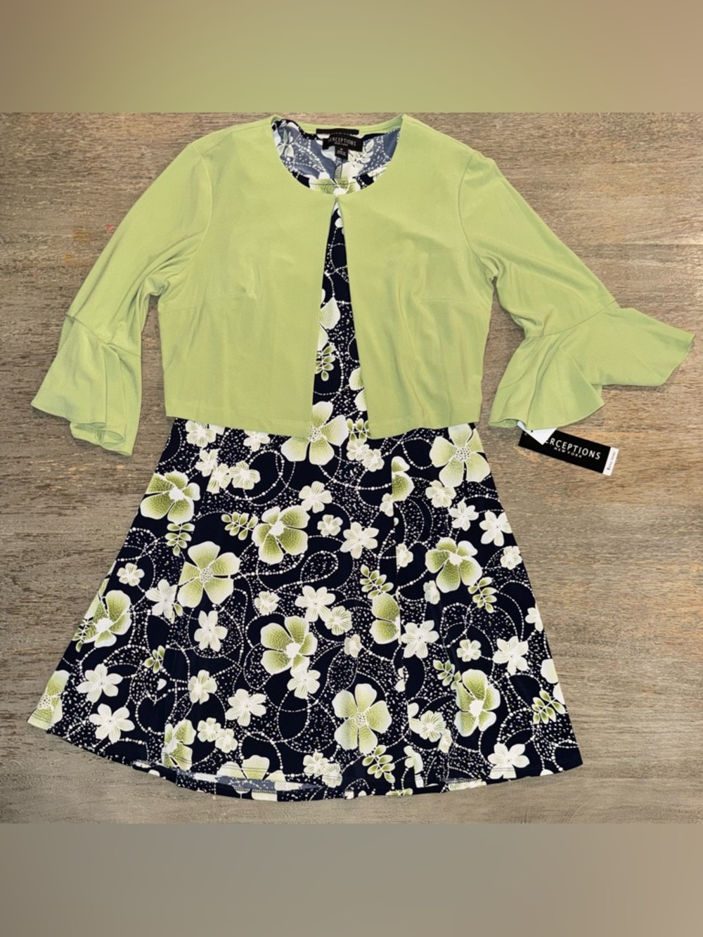 Perceptions Navy Floral Dress with Lime Green Shrug